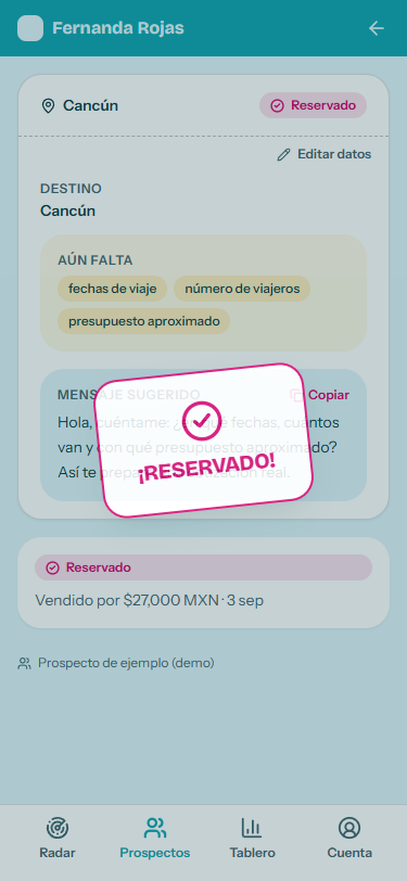 Detalle de un prospecto con la celebración de una reservación