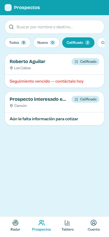 Lista de prospectos con filtros por estado